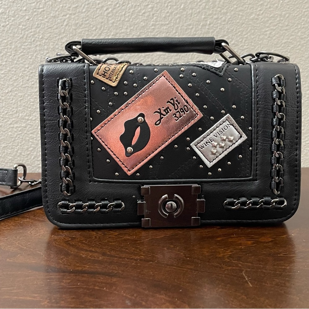 Black faux leather patch decorated chained crossbody mini bag